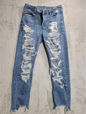 American Eagle Outfitters Womens Blue Cotton Blend High Rise Mom Jeans Size 4